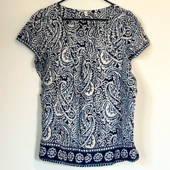 St. John's Bay Tops - St. John's Bay Navy and White Paisley Square Neck Blouse - Size: Large